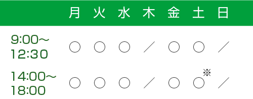 月～水・金[午前]9：00～12：30　[午後]2：00～6：00、土[午前]9：00～12：30　[午後]1：30～5：00